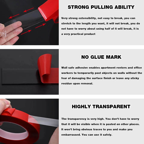 Heavy Duty Double Sided Mounting Tape With Acrylic Adhesive Foam For Picture Hanging On Walls, showing pulling ability, no glue mark, high transparency