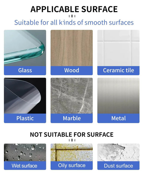 Chart showing suitable surfaces for Heavy Duty Double Sided Mounting Tape including glass, wood, tile, plastic, marble, metal.
