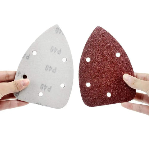Hands holding Mouse Detail Sandpaper Set 50 Sheets 5 Grits 40 80 120 180 240 Hook and Loop showing front and back texture