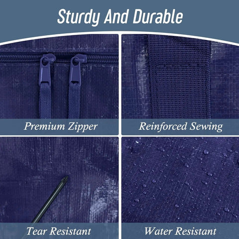 Close-up of Six Pack Extra Heavy Duty Large Moving Bags emphasizing strong zipper, reinforced sewing, tear and water resistance.