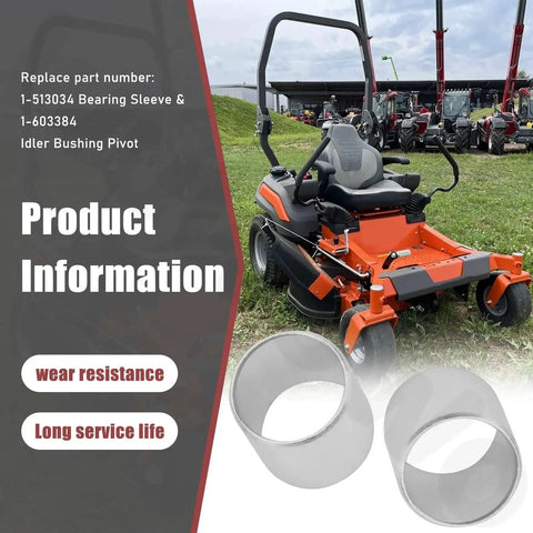 2 Pack Bearing Sleeve 1-513034 and Idler Bushing Pivot 1-603384 for Exmark Toro mower parts, shown with lawn mower background