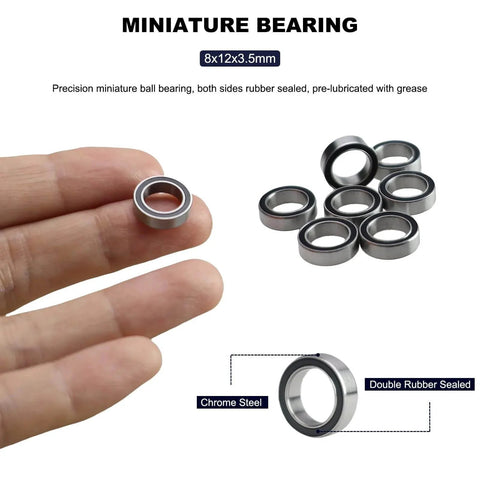 Hand holding MR128-2RS Deep Groove Ball Bearing 8x12x3.5mm with Chrome Steel and Double Rubber Sealed for RC and Robotics uses