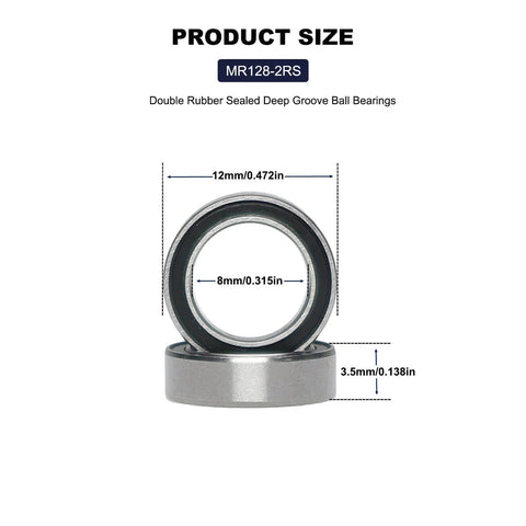 MR128-2RS Deep Groove Ball Bearings 8x12x3.5mm dimensions illustration with chrome steel material and double rubber seal