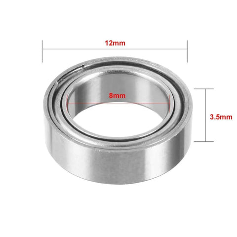 Close-up of single 20pcs MR128ZZ 8mmx12mmx3.5mm Double Shielded Miniature Deep Groove Ball Bearing, showing dimensions.