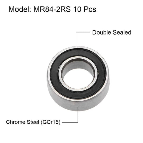 MR84-2RS Deep Groove Ball Bearing, double sealed chrome steel, 4mm inner diameter, 8mm outer diameter, 3mm bore, close-up view
