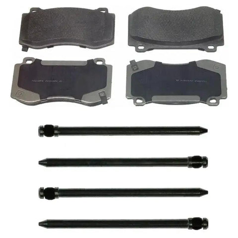 1991 Geo Prizm Rear MRD551 Disc Brake Pad Set for Chevrolet Prizm, Toyota Corolla, Geo Prizm, Chevrolet Nova, Toyota Tercel with mounting hardware.