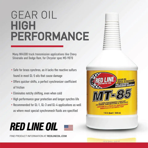MT-85 Manual Transmission Gear Oil 75W-85 GL-4 bottle on promotional display, highlighting high performance and brass synchro protection.