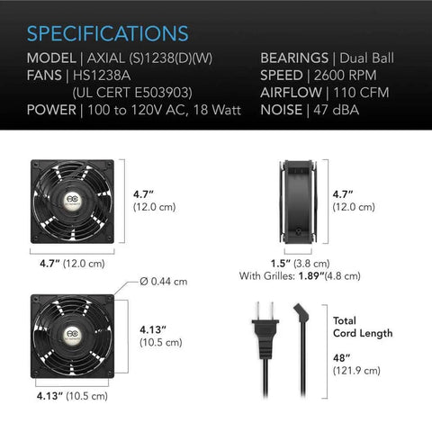 High Speed Muffin Fan 120mm By 38mm For DIY Cooling And Ventilation Projects 115V AC With Heavy Duty Aluminum Frame