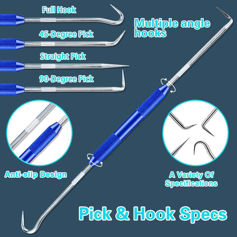 Close-up of pick and hook tool set showing full hook, 45-degree, straight, and 90-degree picks with anti-slip design features.