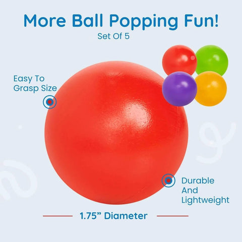 Set of 5 Multi-Colored Replacement Balls for Ball Popper Toys in Assorted Colors - Vibrant and Durable Plastic, shown with size details