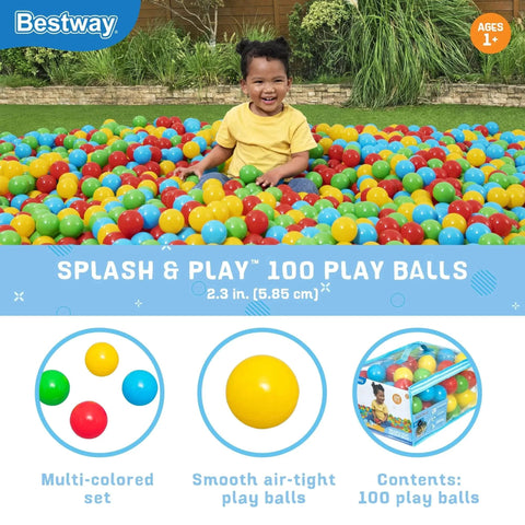 Child playing in a ball pit filled with Bestway Splash & Play Balls, highlighting multi-colored, smooth, air-tight play balls for indoor use.