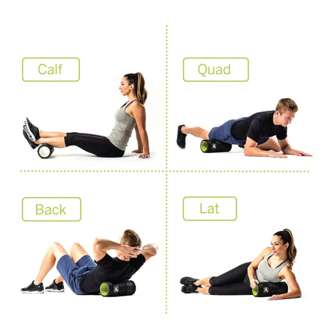 People using Grid 1.0 Multi Density Foam Roller for calf, quad, back, and lat muscles. 13-inch roller for deep tissue massage and recovery.