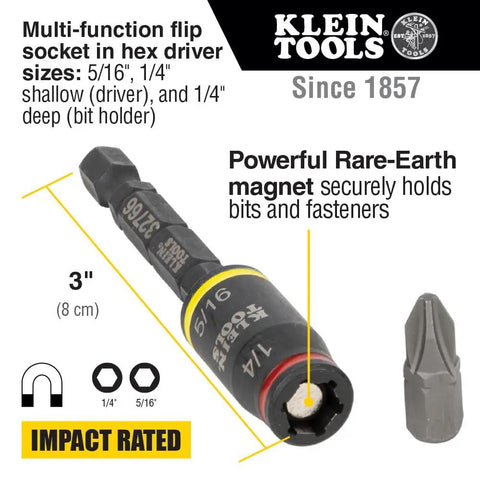 3-In-1 Flip Impact Socket Set for Quick Drive Size Swaps, Klein Tools, 5/16 and 1/4 inch hex nut drivers, impact rated