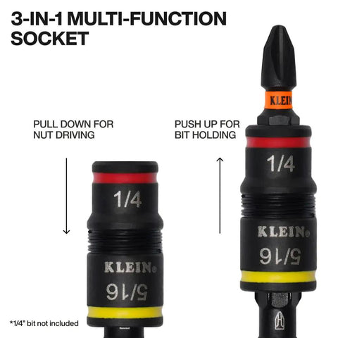 3-in-1 multi-function socket with pull down for nut driving and push up for bit holding, showing 1/4 and 9/16 hex sizes.