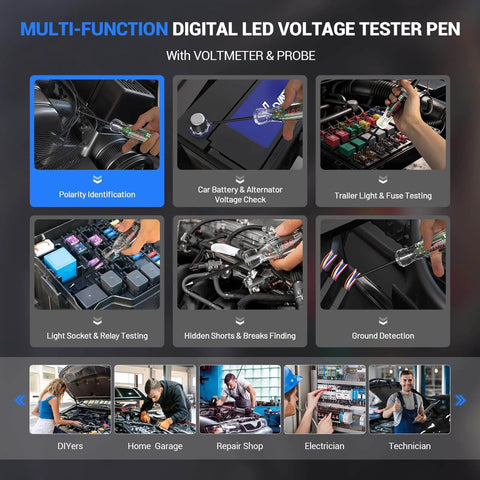 Automotive Test Light With Wide Range 3 To 70V LED Digital Voltage Display, Pro Grade Circuit Tester With Voltmeter And Dual Polarity Indicator, Electric Test Pen, Relay Fuse Tester With Stainless Probe And 118 Inch Wire in use across various automotive testing applications.