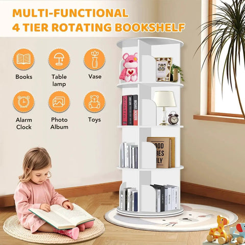 Four Tier Rotating Bookshelf Tower with 360 Degree Spin for Corner Spaces, holds books, toys, decor, in a room with a child reading.