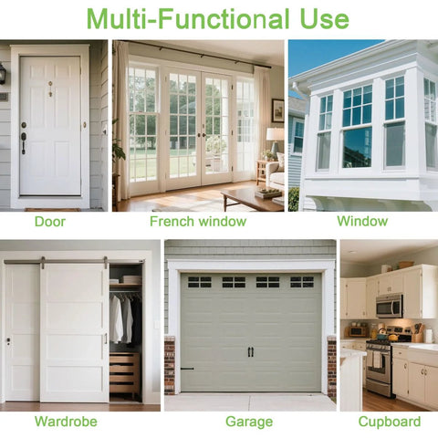 Six-panel collage of home improvement scenes: door, French window, window, wardrobe, garage, cupboard.