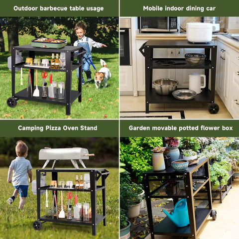 Heavy Duty Outdoor Grill Cart With Wheels And 3 Tier Prep Table For Pizza Oven And Griddle On The Patio With Tool Hooks