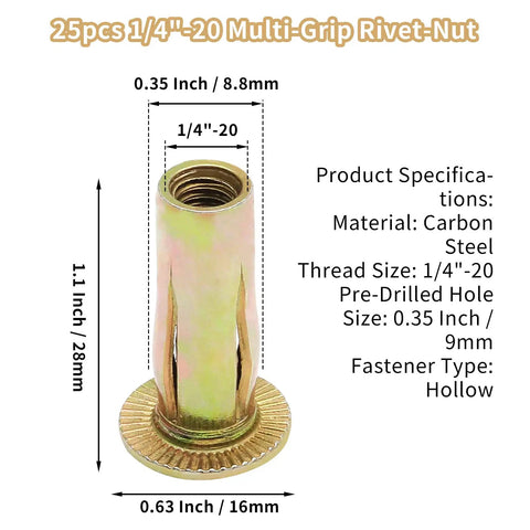 25 Pack Multi Grip Rivet Nut Inserts Pre Bulbed One Quarter Inch Twenty Thread Heavy Duty Nutsert For Sheet Metal Flat Head Slotted Carbon Steel Fasteners shown with dimensions and specifications