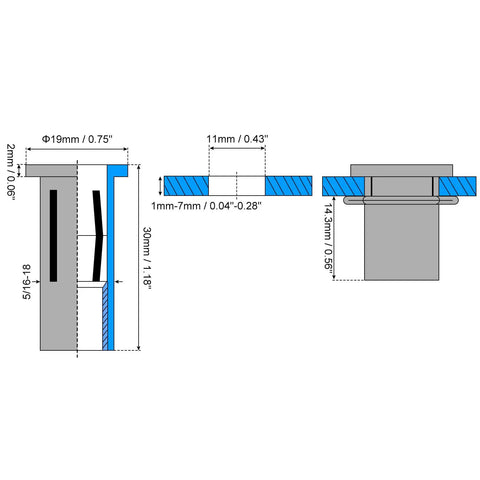 Technical diagram of Multi Grip Rivet Nuts 5/16-18 10 Pack Pre-Bulbed Shank Flat Head Threaded Insert Nuts Gold Zinc Plated Finish