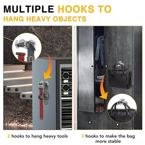 Multiple hooks shown hanging tools and bag for stability on storage cabinets.