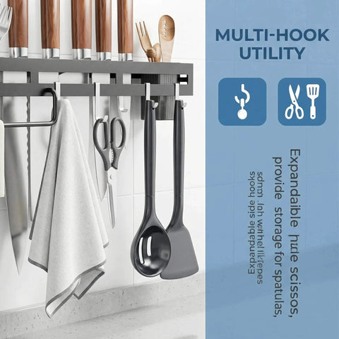 Wall Mount Utensil Rack, 15.7inch Kitchen Utensil Hanger with hanging spoons, forks, and knives, multi-hook utility