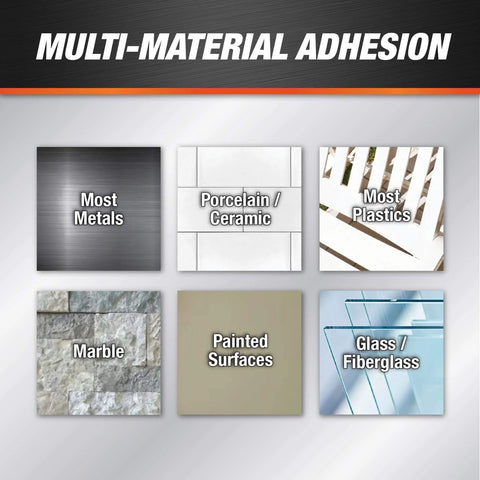 Image showing multi-material adhesion capabilities for most metals, porcelain, plastics, marble, painted surfaces, and glass.