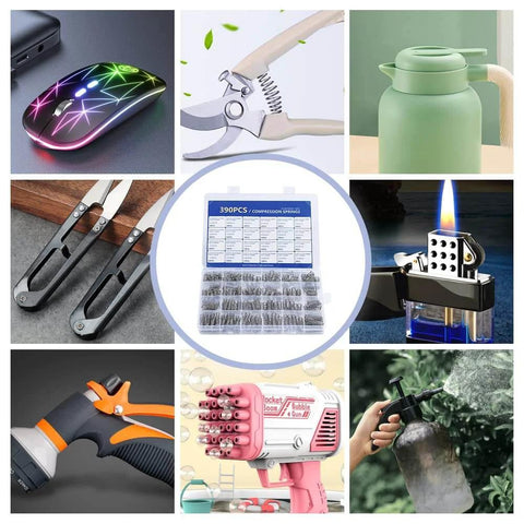 Collage of various tools and gadgets, including a 390-pack utility cart stainless steel frame image centered among the items.