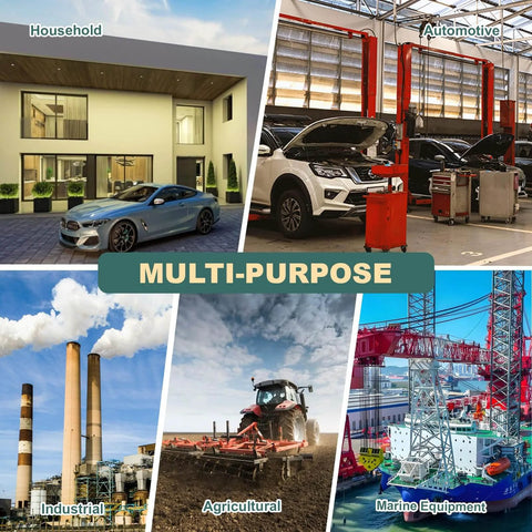 Collage of multipurpose uses: household building, automotive garage, industrial factory, agricultural tractor, marine equipment crane.