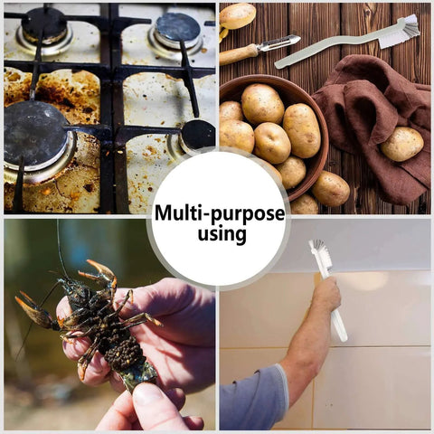 Collage showing uses of 4 Pieces Cleaning Brush Sets Small Scrub Brush Household Use for stove, potatoes, and tiles