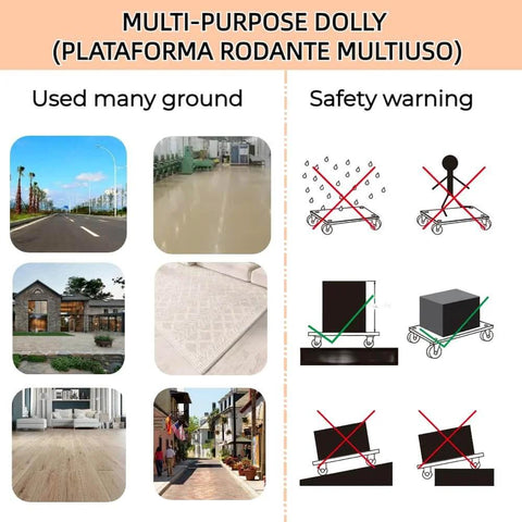 Guide showing multi-purpose dolly used on different surfaces and safety warnings, related to heavy duty wood furniture moving dolly set.