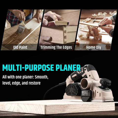 Effortlessly smooth and shape wood with a corded electric hand planer, delivering a 7.7 Amp motor at 15,000 RPM on a workbench