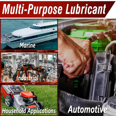 Multi-purpose lubricant for marine, industrial, household, and automotive applications with various machinery images