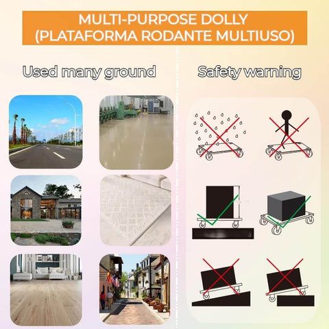 Safety warnings and usage surfaces for hardwood furniture moving dolly set of 2 with 15 x 15 inch wood platform and rubber silent wheels.