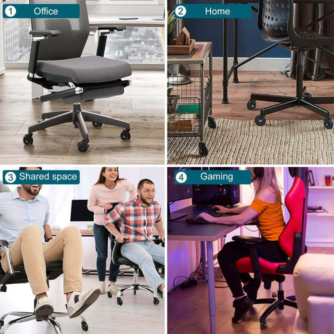 Office and home chairs in multiple settings including a gaming chair, showcasing versatility for work and leisure.