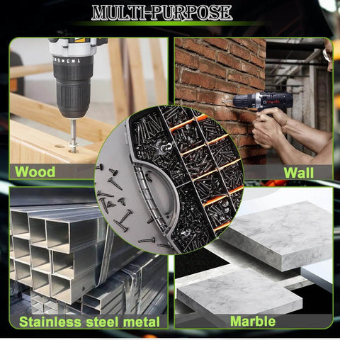 1095 Pcs Self Tapping Screws Assortment for Metal Wood and Plastic Including #8 #10 410 Stainless Steel Truss Head Self Drilling Screws and M2 M3 M4 Carbon Steel Phillips Pan Head Screws in a multi-purpose display.