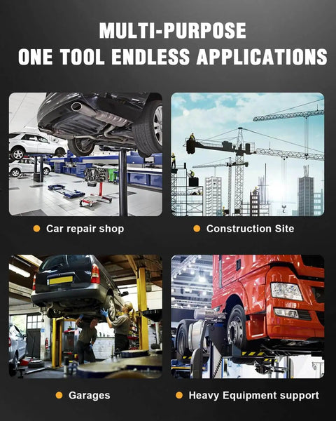 Multi-purpose tool for car repair, construction, garages, and heavy equipment support illustrated in four images.