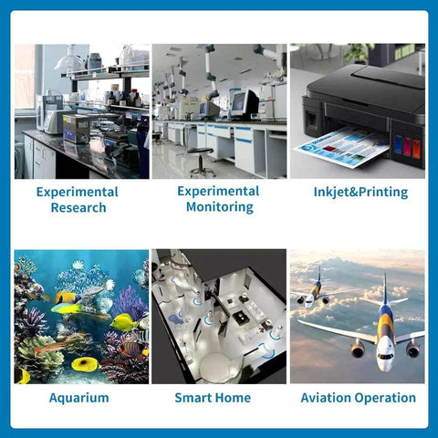 Image collage showing experimental research labs, inkjet printer, aquarium, smart home tech, and aviation uses for Small peristaltic Pump Stepper Motor 24V Adjustable Speed Kamoer KPAS-100 Long Service Life high-Precision dosing Pump (110ml/min （3.2mm ID ×6.4mm OD）3 rotors).