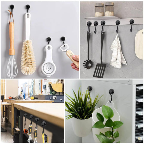 Kitchen and workshop wall hooks holding utensils, tools, and plants, showcasing organizational solutions for home and workspaces.