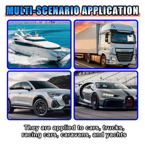 Collage of a yacht, truck, SUV, and sports car highlighting multi-scenario applications for vehicles.