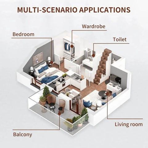 Diagram of multi-room house layout showing bedroom, wardrobe, toilet, living room, and balcony applications.