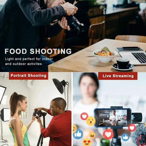 Collage of food photography, portrait shooting, and live streaming activities in various settings.