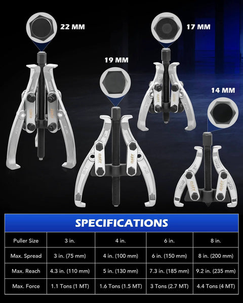 Gear Puller Set, 3" 4" 6" 8" Bearing Puller Kit with reversible jaws, 24pc 2 Jaw & 3 Jaw tools displayed with specifications chart