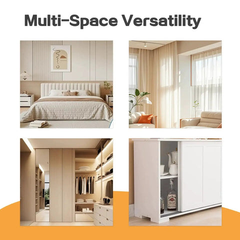 Collage showing a bedroom, living room, walk-in closet, and cabinet, emphasizing multi-space versatility for interior design.