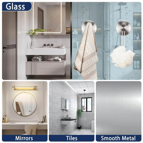 Bathroom interiors showing glass, mirrors, tiles, and smooth metal surfaces with sleek modern design.