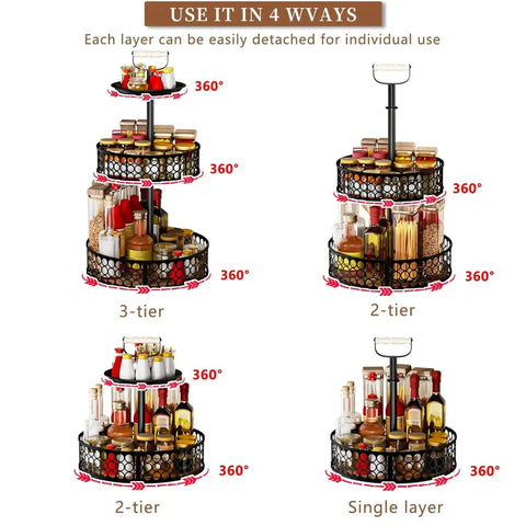 Four configurations of the Three-Tier Lazy Susan Organizer With Detachable Metal Rotating Spice Rack, showing 3-tier, 2-tier, and single-layer setups.