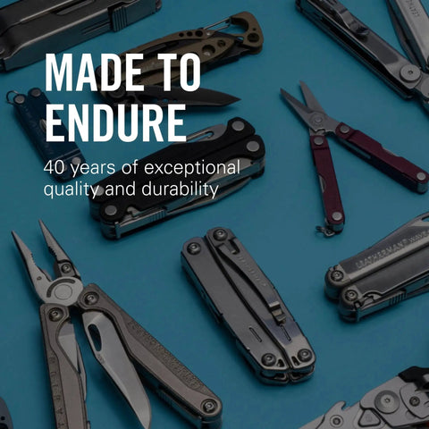 Assorted multi-tools and shears on blue background, showcasing durability and design.
