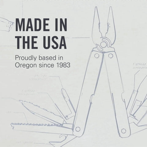 Blueprint drawing of multi-tool with text 'Made in the USA, Proudly based in Oregon since 1983' displayed prominently.