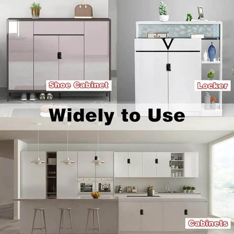 Collage of shoe cabinet, locker, and kitchen cabinets labeled for varied home use.