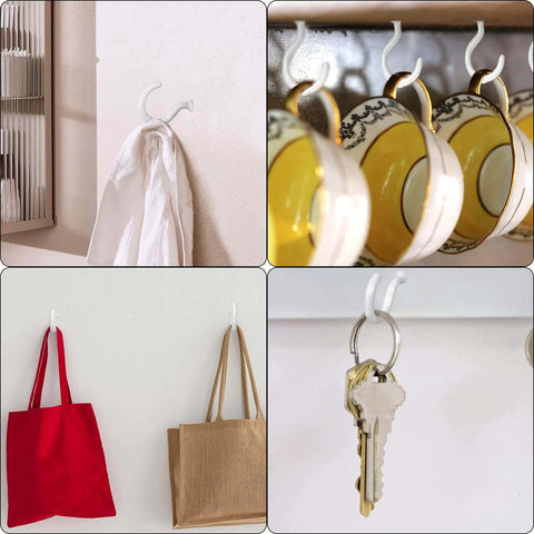 Wall hooks holding items like clothing, keys, and cups in a home setting. Focus on organization and practicality.
